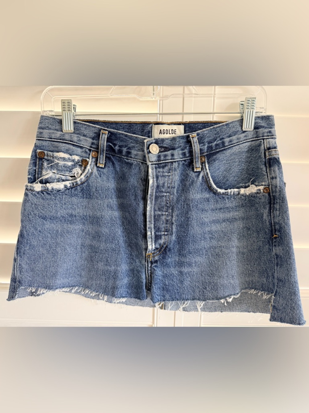 AGOLDE Denim Micro Mini Skirt Size 26 Distressed Raw Hem Asymmetrical Y2K